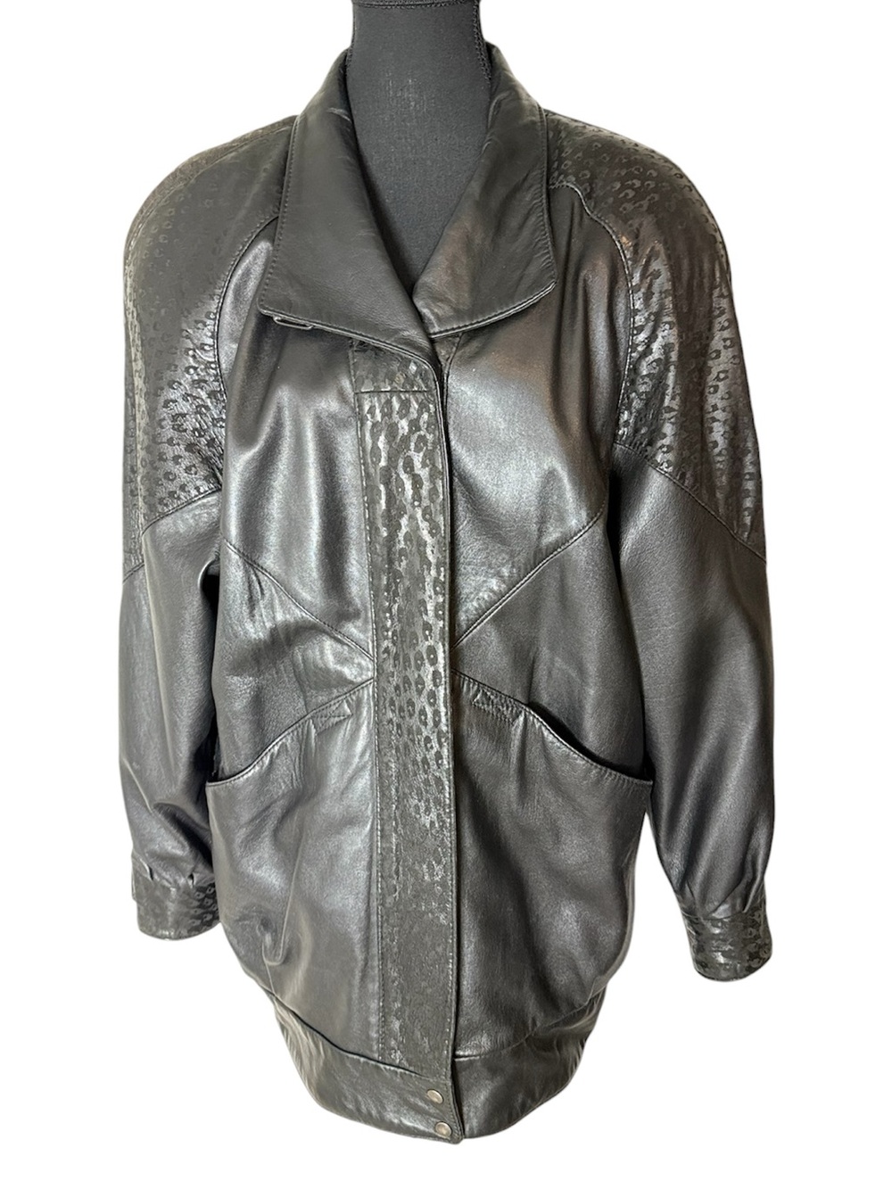 BRAEMAR Diane Charles Vintage 80’s Black Leather Jacket Zipper Oversized Medium - Picture 2 of 14